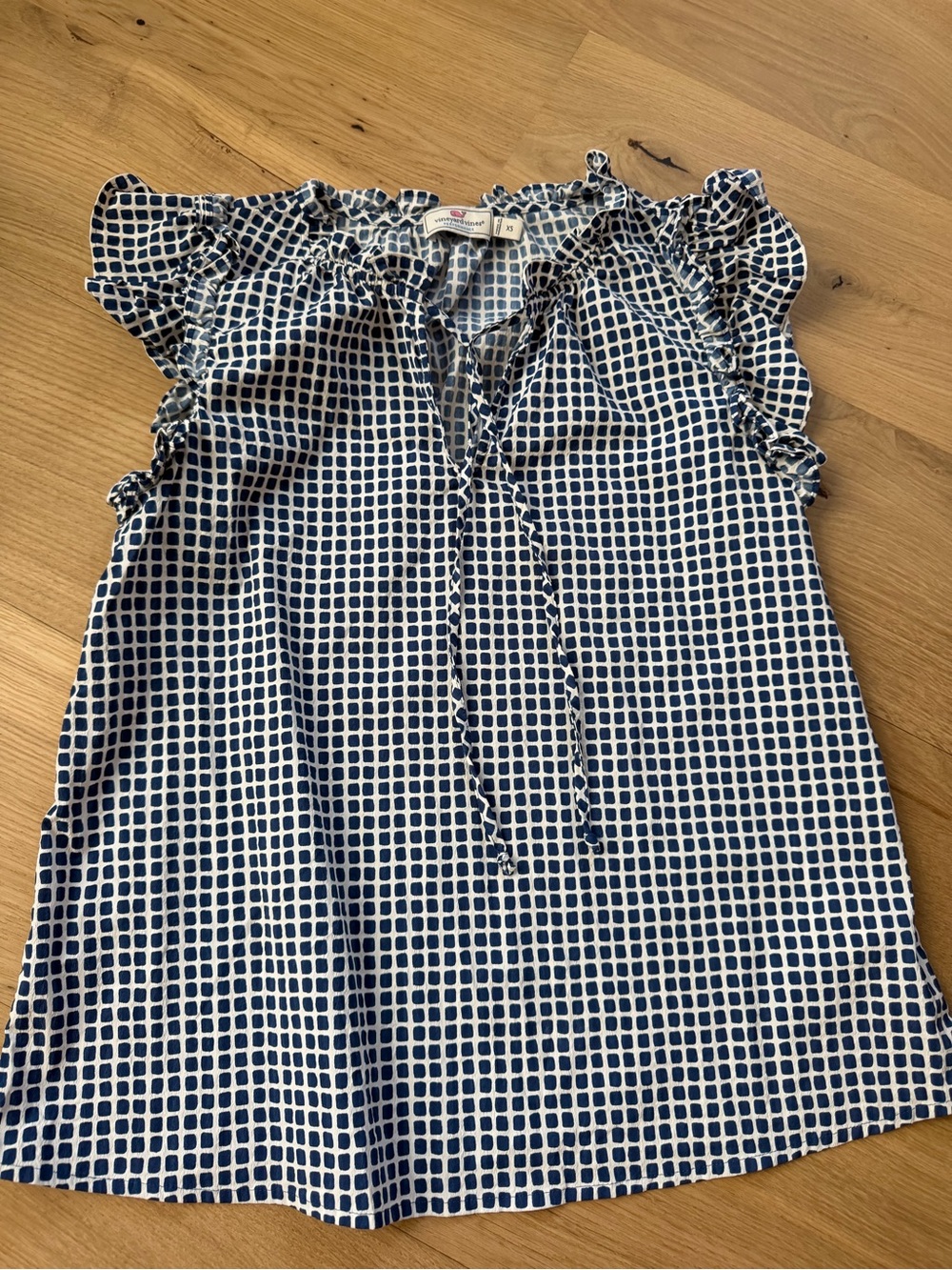 Vineyard Vines Navy White Ruffle Tie Neck Blouse Top XS
